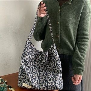 Navy Patterned Hobo Tote Bag